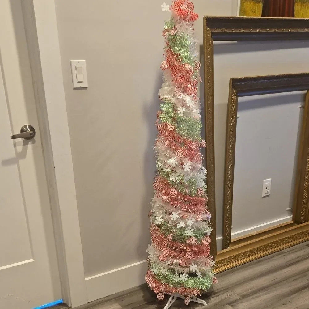 5FT Artificial Pencil Christmas Tree, Red Green White Pop Up Small Christmas Ti